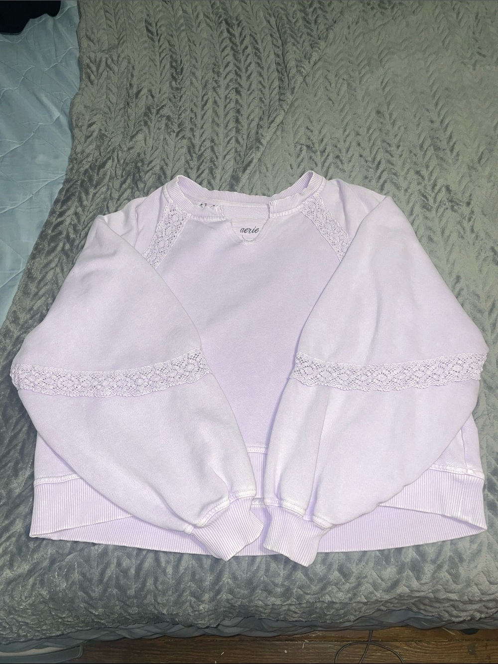 aerie Light Lavender Lace-Trim Crewneck Sweatshirt